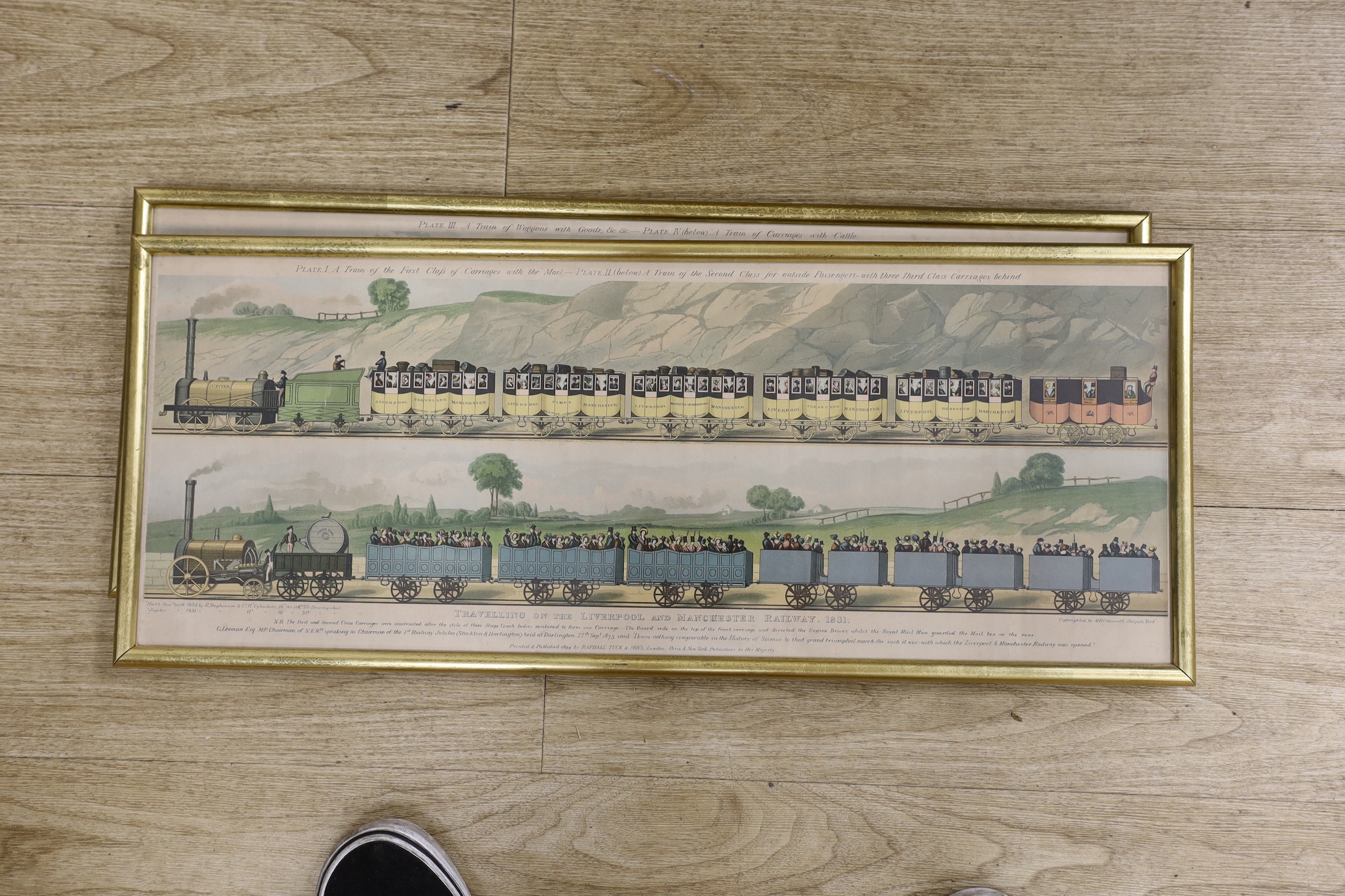 A pair of 19th century railway interest chromolithographs, ‘Travelling on the Liverpool and Manchester Railway, 1831’, publ. 1894 by Raphael Tuck & Sons, 24.5 x 64cm